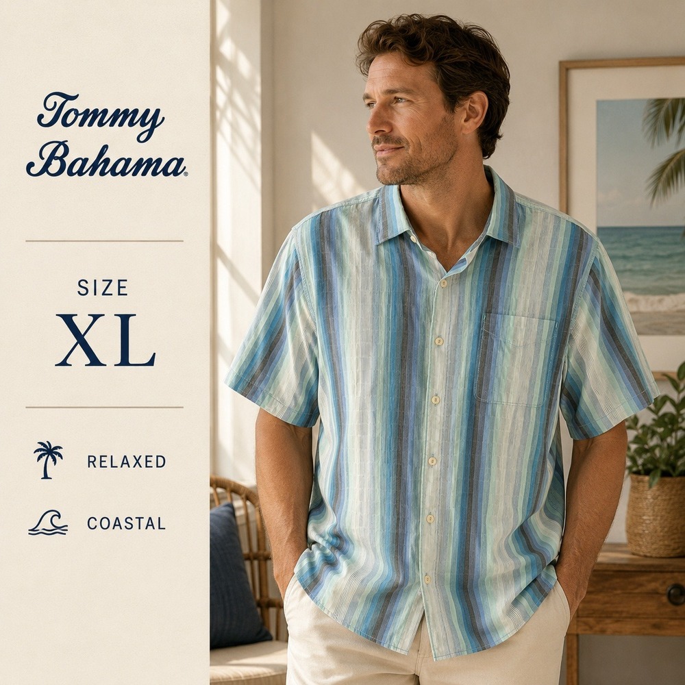 Tommy Bahama S/S Shirt Men XL Blue Stripe Regular Fit Coastal Button Up Tropical